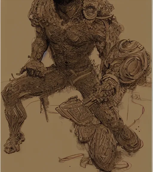 Prompt: bronze - skinned handsome boy, cartoon character, pen and ink, intricate line drawings, by craig mullins, ruan jia, kentaro miura, greg rutkowski, loundraw