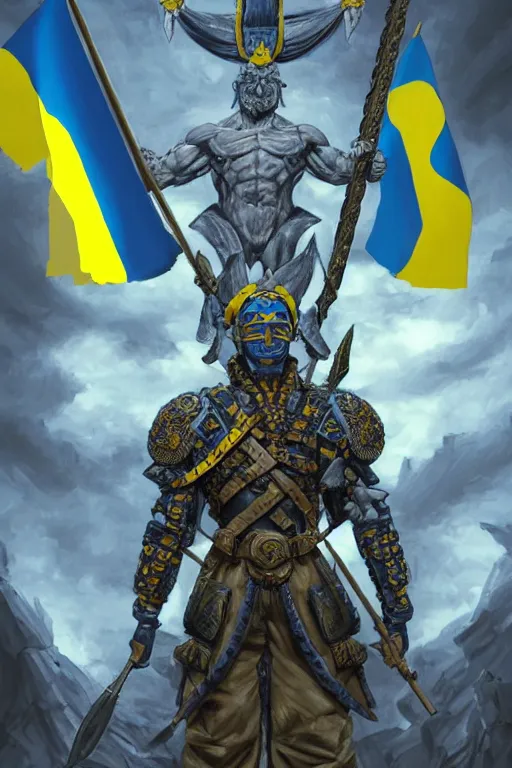 Image similar to a distant shot of a Ukrainian super soldier with blue and yellow flag behind him and a trident symbol on the chest standing alone on a huge pile of skulls posing as a winner, masculine muscular figure, D&D, fantasy, intricate, elegant, highly detailed, extremely detailed, digital painting, artstation, concept art, matte, smooth, sharp focus, illustration, art by Artgerm and Greg Rutkowski and Alphonse Mucha