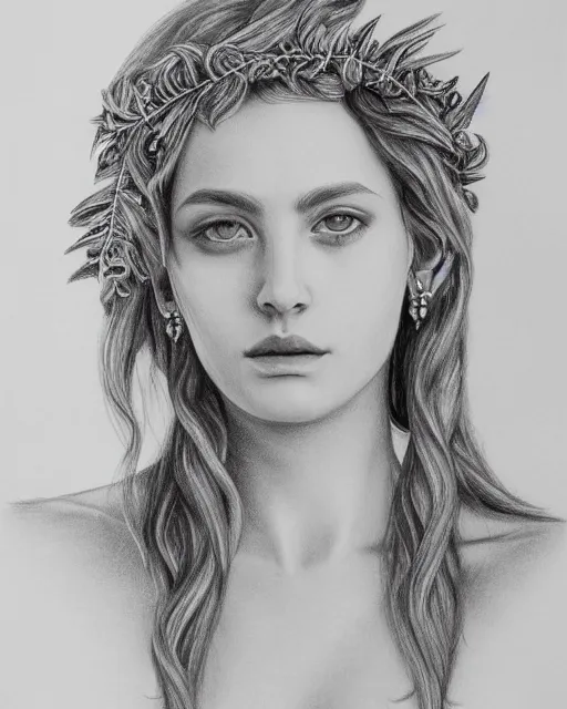 Image similar to pencil drawing of a beautiful greek goddess aphrodite wearing a laurel wreath and arrowhead earrings, beautiful and confident eyes, beautiful flowing hair, hyper realistic face, fantasy, amazing detail, epic, elegant, smooth, sharp focus, from the front, long shot