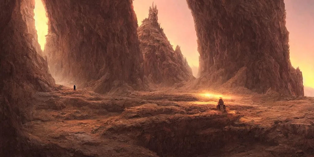Image similar to lone wanderer in a highly detailed cinematic cave entrance in a scifi landscape by feng zhu, wayne barlowe, perfect geometry, hyper - detailed, sharp, beautiful, desaturated, beautiful lighting, oil on canvas, sunset