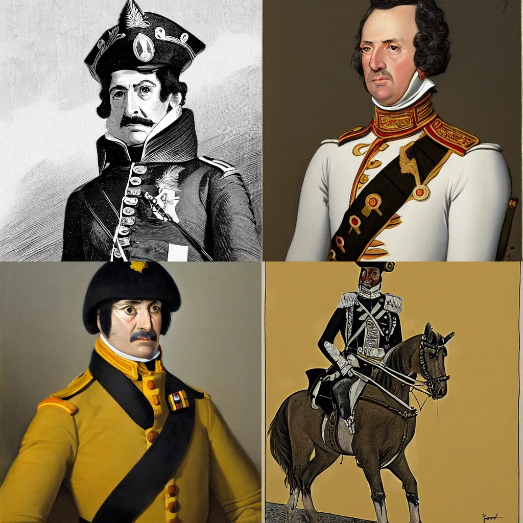 Prompt: portrait of a spanish general from 1 8 2 0, line art, wlop, herge, cliff wright, white background