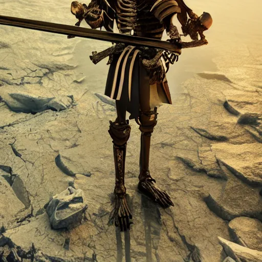 Prompt: a skeleton samurai, standing on the edge of a cliff holding a glowing sword of ice, at midnight, cinematic shot, cinematic lighting, volumetric lighting, 8k, digital art, trending on artstation, vray, ray tracing