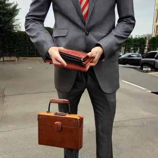 Prompt: a giraffe wearing a suit and holding a briefcase