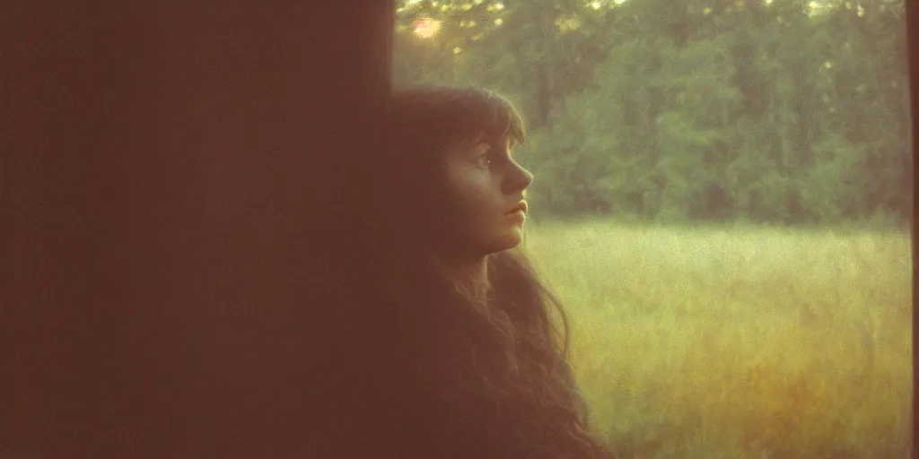 Image similar to portrait bust of young woman, solemn expression, faded color film, russian cinema, tarkovsky, kodachrome, old cabin, next to window, heavy forest outside, long brown hair, old clothing, heavy fog, sunset, hudson river school, 4 k, dramatic lighting, greg rutkowski