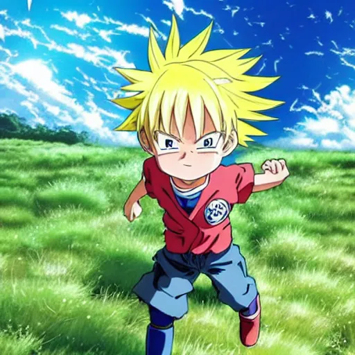 Image similar to “Anime key visual of a young innocent boy with yellow hair and lightning powers in a meadow, detail, 8k, anime, detailed eyes, official media, big eyes, short body, Illustrated by Akira Toriyama, Illustrated by Kohei Horikoshi, official media”