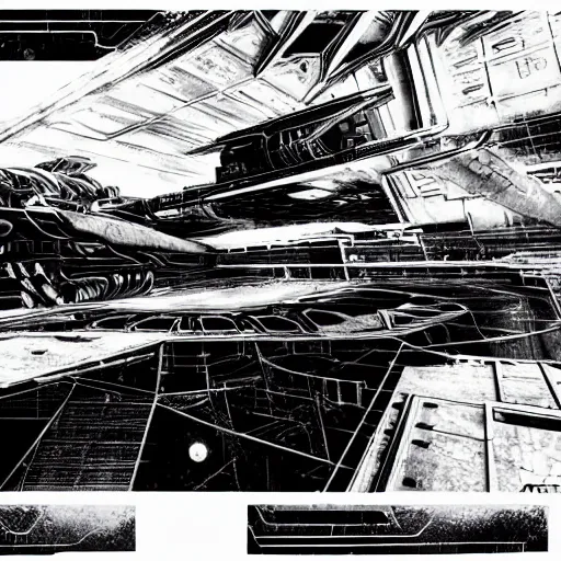 Image similar to full page scan of a sci-fi hellicarrier, stealth technology, blueprint, homeworld ship, military, style of yoji shinkawa, crosshatching, concept art, trending on art station, epic scale + wide angle, rule of thirds, blender, cinematic lighting, hard surface, shadows, depth, art and soul, insdustrial factory, desaturated, 8K matte, poor lighting, concept in the style of blame! manga