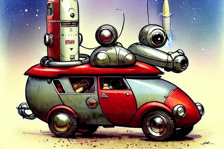 Prompt: adventurer ( ( ( ( ( 1 9 5 0 s retro future robot android mouse rv rocket wagon robot. muted colors. ) ) ) ) ) by jean baptiste monge!!!!!!!!!!!!!!!!!!!!!!!!! chrome red