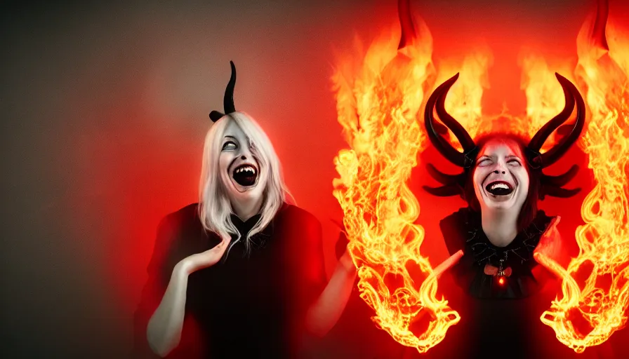 Image similar to portrait of a beatuiful laughing woman with horns made of flames in gothic attire, creepy vibe, studio photography, studio lighting, realistic render, octane render, 4 k, 8 k, face in focus