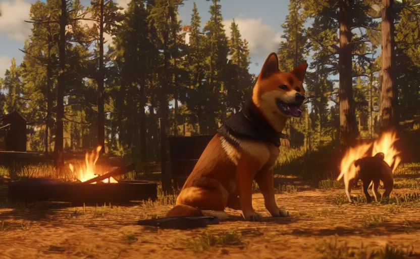 Prompt: A shiba inu dog in Red Dead Redemption 2, cinematic shot, campfire