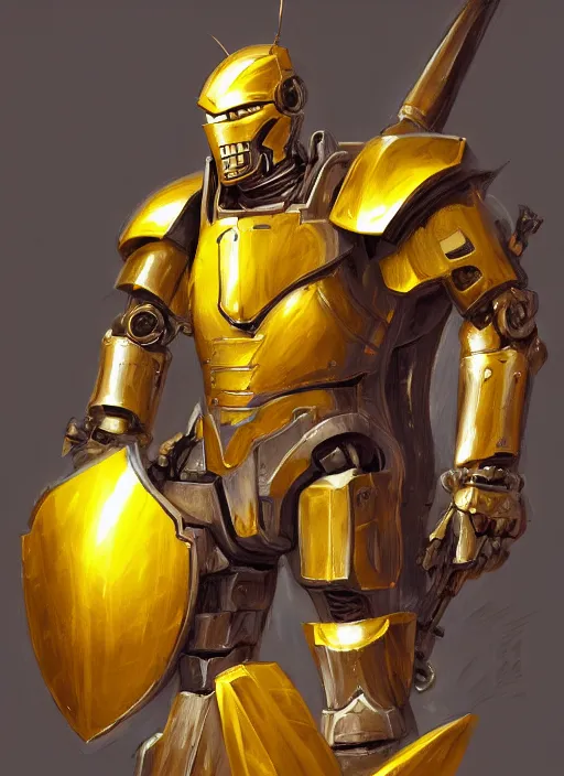 Image similar to dynamic portrait of a mecha warforged character in yellow armor holding a paladin engraved longsword and carrying a big shield, epic , trending on ArtStation, cinematic lighting, by Jesper Ejsing