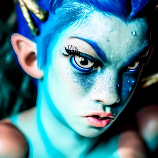 Image similar to a dnd Triton girl with blue skin and messy black hair, a little blue-skinned girl with messy black hair sharp pointed ears freckles along the ridges of her cheeks, dnd triton, high resolution film still, 4k, HDR colors