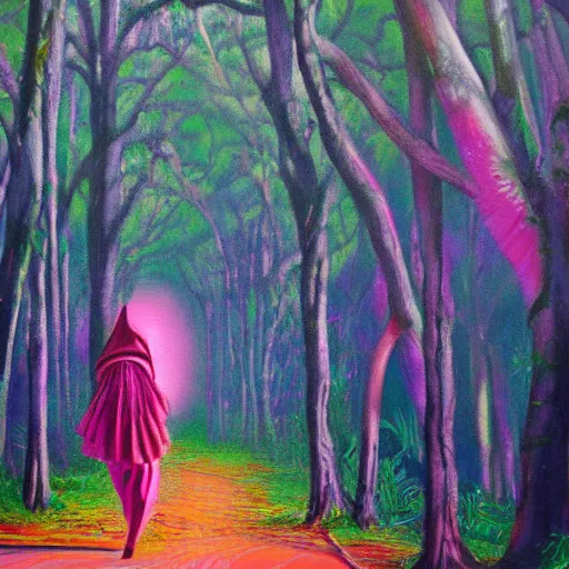 Image similar to a pink mage walking through a lush psychedelic forest, oil painting, by martin wiegand