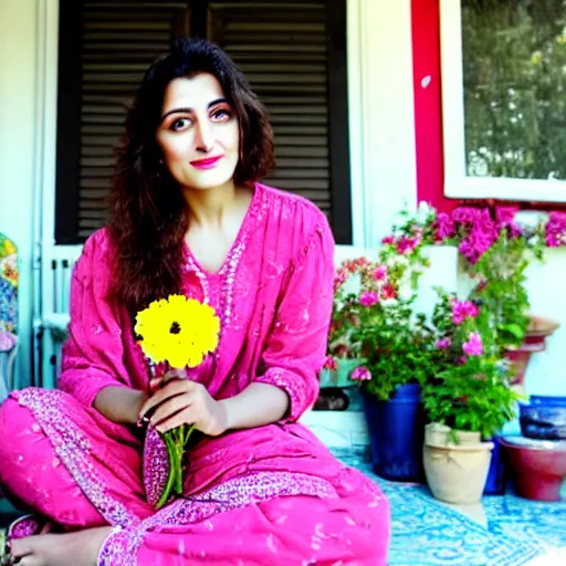 Image similar to a beautiful portrait of actress rabia soyturk sitting on the porch holding a flower, in front of the house