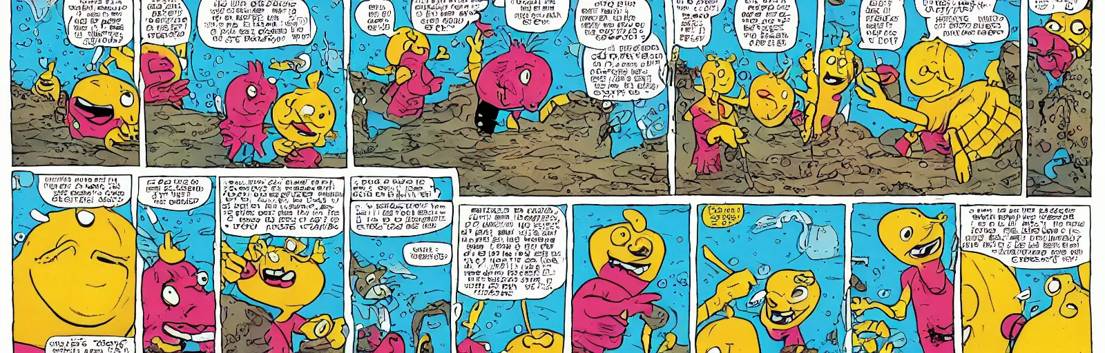 Prompt: zippy the pinhead comic strip where zippy explors the multiverse of coffee and donuts while riding a unicycle in the rain