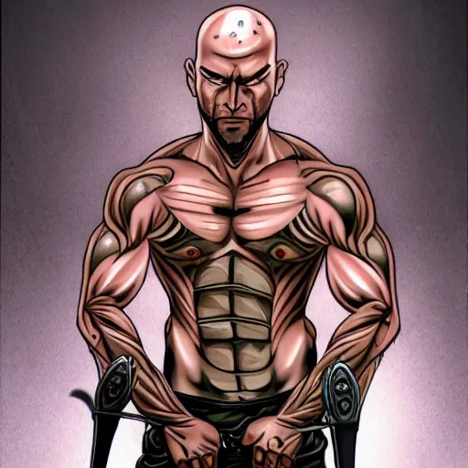 Image similar to muscular bald man, tattooed body, sword in hands, HD, anime style,