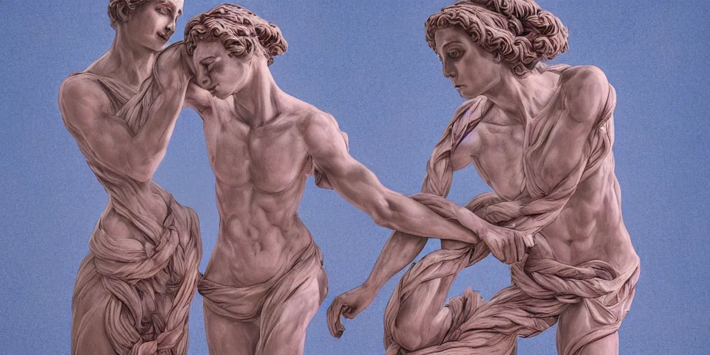 Prompt: greek sculpture of intertwined bodies painted by james jean in pastel colors, redshift, octane