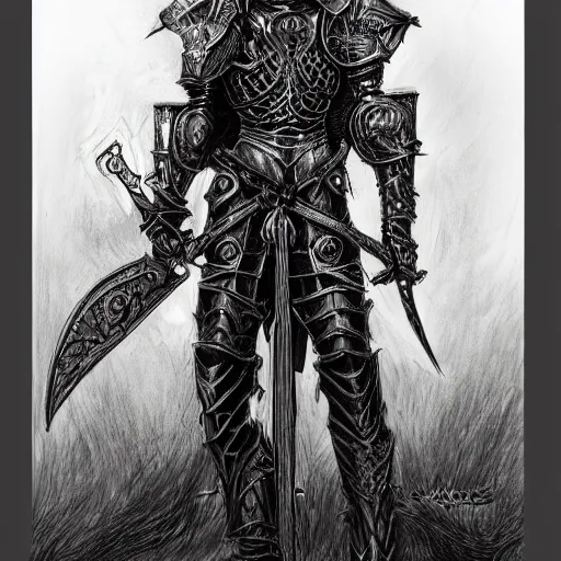 Image similar to gothic knight, intricate etched armor, standing astride a gate, artstation, charcoal, in the style of terese nielsen, full color