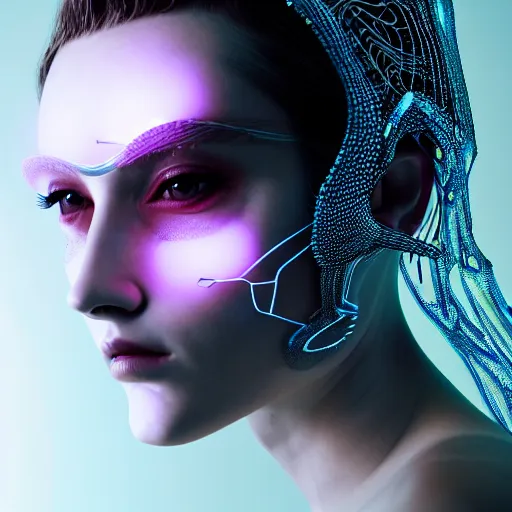 Image similar to portrait of an absurdly beautiful, graceful, sophisticated, fashionable cyberpunk mechanoid, hyperdetailed illustration by irakli nadar, matt wisniewski style, intricate linework, white porcelain skin, iridescent fractal headdress, day - glow facepaint, jellyfish led electronic ruff neckware, unreal engine 5 highly rendered, global illumination, radiant light, detailed and intricate environment