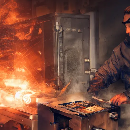 Image similar to cyborg with toaster oven for torso, dark messy smoke - filled cluttered workshop, dark, dramatic lighting, orange tint, sparks, cinematic, highly detailed, sci - fi, futuristic, movie still