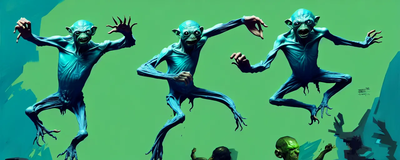 Image similar to duotone green blue illustration 3 / 4 portrait of gollum dancing like crazy. dynamic chaotic composition accidental renaissance golden ratio. by sachin teng and sergey kolesov and ruan jia and heng z. graffiti art, scifi, fantasy, hyper detailed. octane render. concept art. trending on artstation