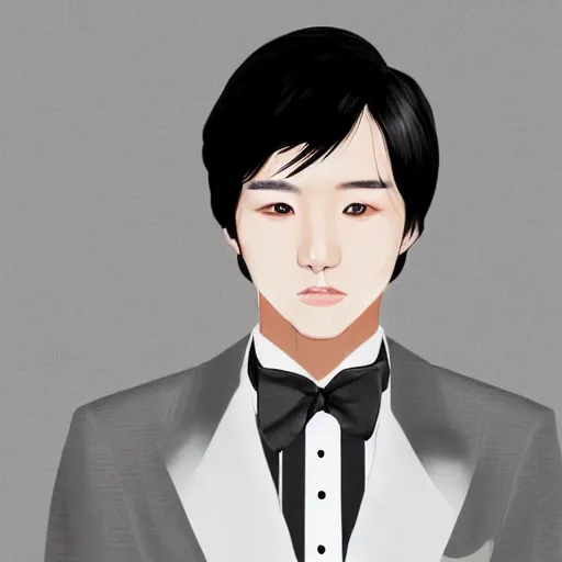 Image similar to portrait of a beautiful korean girl wearing a men's tuxedo, with short messy hair, men's haircut, angular features, angry expression, digital art, elegant pose, detailed illustration