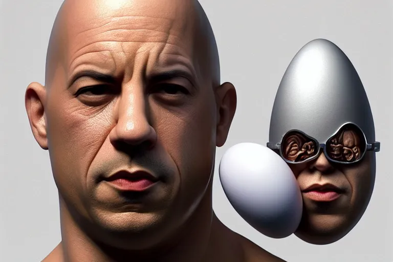 Image similar to egg cup with vin diesel head, silver egg cup, head is an egg, hyper detailed, digital art, artstation, cinematic lighting, studio quality, smooth render, by boris vallejo, android jones, artgerm, caravaggio