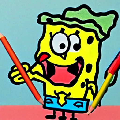 Image similar to rough sketch in crayola, spongebob squarepants cartoon character holding a kitchen knife, childish crayon art