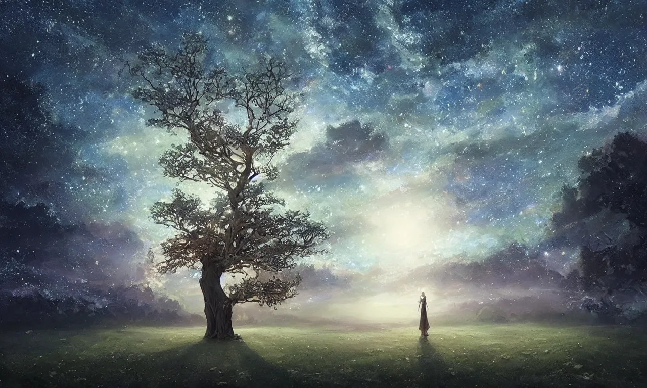 Image similar to a beautiful digital painting of a tree with low poly crystal diamond leaves, starry night sky, translucid, pretty lights, pristine marble trunk, elegant, highly detailed, artstation, concept art, matte, sharp focus, art by tom bagshaw, kelogsloops and greg rutkowski