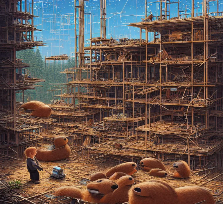 Image similar to photography hyperrealism concept art of highly detailed anthropomorphic beavers builders that building futuristic city with sticks by hasui kawase and scott listfield sci - fi style hyperrealism