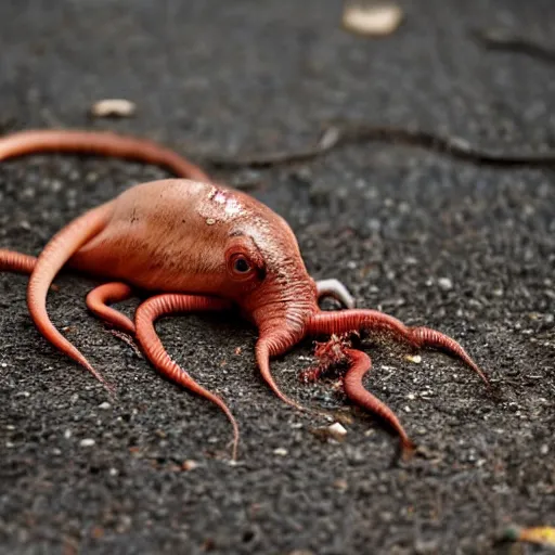 Image similar to earthworm octopus dragging a dead squirrel across a sidewalk on rainy day, leaving streak of red slime, macro photography, hd, ultra 4 k realistic