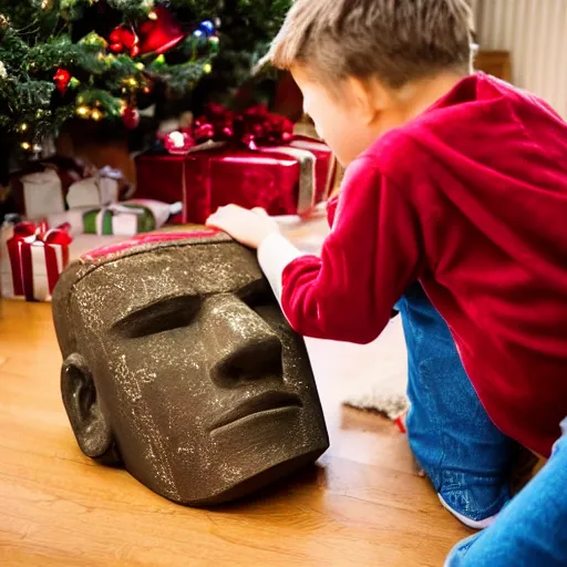 Image similar to a kid at christmas disappointed and sad looking a giant moai statue, his hands buried in his face, sitting down. | inside of a house next to a christmas tree, large opened present box next to the moai