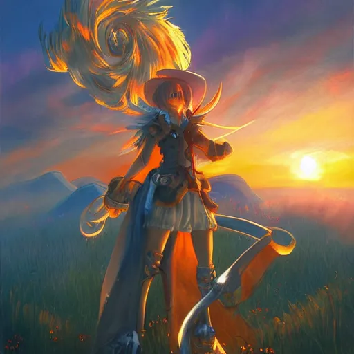 Prompt: painting of vivi from final fantasy 9!!!!!, watching a purple and orange sunset!!, from the black mage cemetery!!!, in the style of justin gerard!!!!