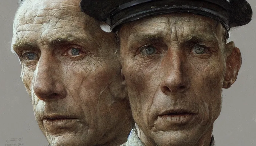 Image similar to norman rockwell, andrew wyeth, portrait of an soldier, close up of the face, paint texture, low contrast, highly detailed, sharp focus, digital painting, concept art, illustration, trending on artstation, portrait by greg rutkowski