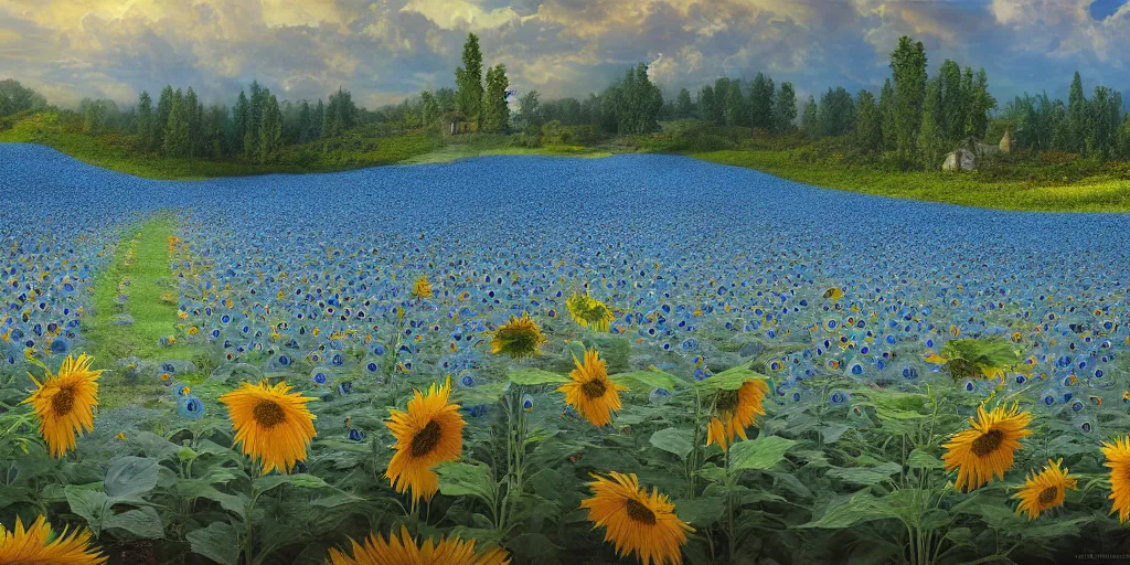 Prompt: A narrow dirt path through a field of blue sunflowers, game art matte painting hyperdetailed, artstation, cgsociety, 8k, surreal dream landscape