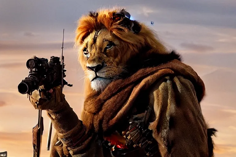 Image similar to scar ( from the lion king ), heavily armed and armored facing down armageddon in a dark and gritty version from the makers of mad max : fury road : witness me