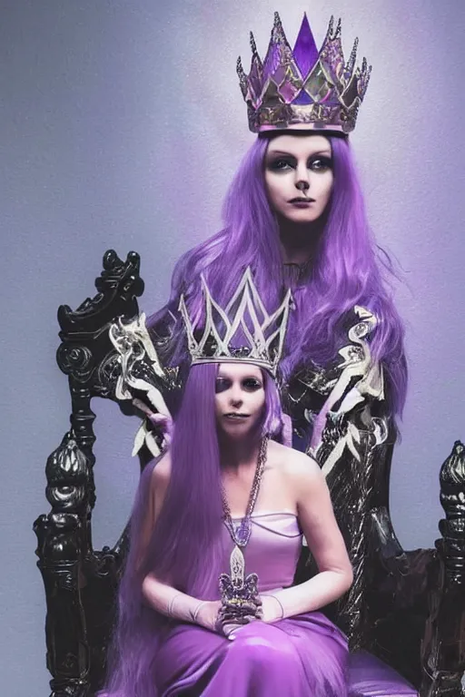 Prompt: A photo of a skinny evil princess woman with light-purple hair wearing a diamond crown, sitting in a throne in a dark room. Low light