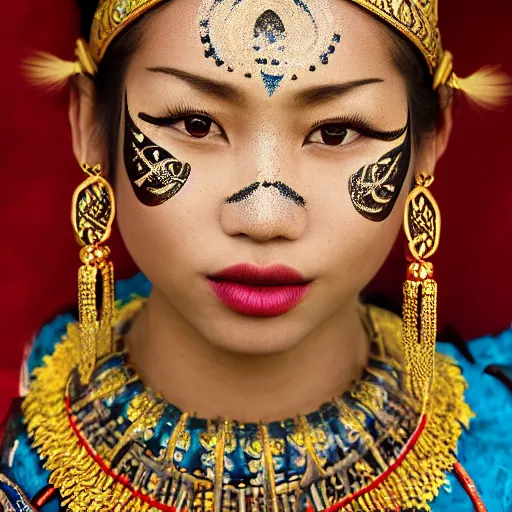 Image similar to portrait of a stunningly beautiful asian tribal female, small amount of traditional facepainting, feathers gold studded jewellery, depth of field, zeiss lens, detailed, symmetrical, centered, fashion photoshoot, by Annie Leibovitz and Steve McCurry, David Lazar, Jimmy Nelsson, Breathtaking, 8k resolution, extremely detailed, beautiful, establishing shot, artistic, hyperrealistic, beautiful face, octane render
