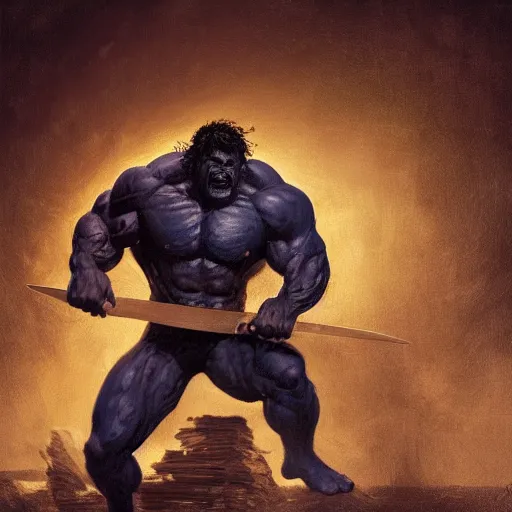 Image similar to artstation concept a midnight blue hulk jolding a meat cleaver, dusty, hyperdetailed, artstation trending, world renowned artists, worth 1 0 0 0. com, historic artworks society, antique renewel, cgsociety, by greg rutkowski, by gustave dore, deviantart