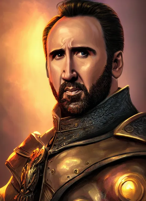 Image similar to A fantasy comic book style portrait painting of as Nicolas Cage as a paladin, unreal 5, DAZ, hyperrealistic, octane render, RPG portrait, dynamic lighting