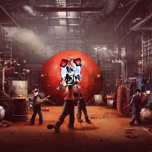 Image similar to a giant mickey mouse head, factory floor, surrounded by factory workers, octane render, cgstation, 3 d render, very detailed, mindblowing, blood and guts, gritty, cyberpunk, cinematic lighting, hyper realism