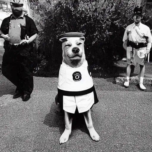 Image similar to A photo of a dog wearing a security guard\'s uniform and cap, 1990