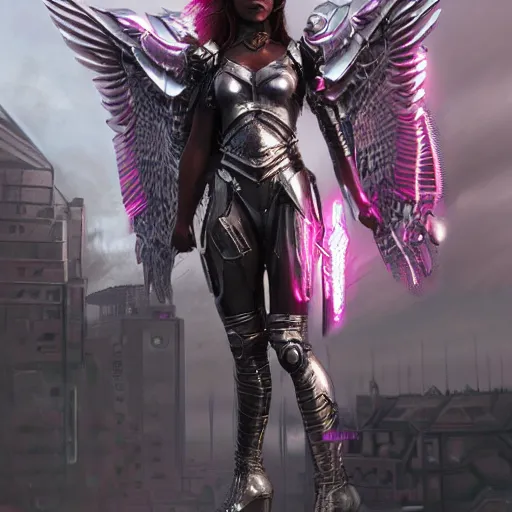 Image similar to woman valkyrie with pink metal wings, celtic and cyberpunk armor, cityscape, flying, high detail, sharp focus, silver cyber armor, art by artgerm and greg rutkowski, digital painting, smooth render, octane render, unreal engine 5,