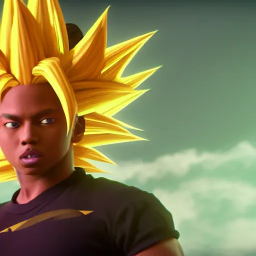 Prompt: denzel curry with super saiyan hair, rendered in unreal engine 5, volumetric lighting, shading