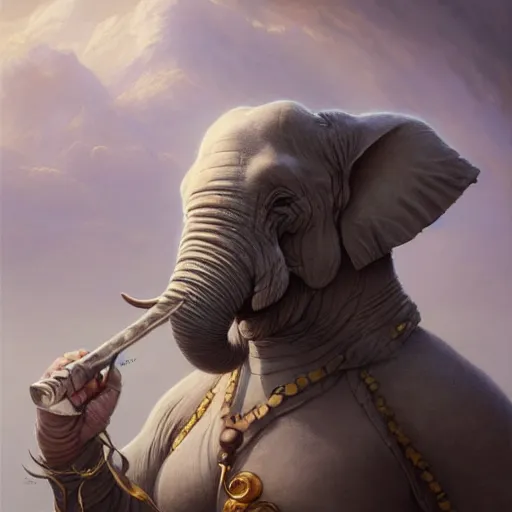 Prompt: fantasy portrait, elephant man, d & d loxodon, wearing loincloth, holding holy symbol, fat, rpg game, main character, detailed, digital painting, artstation, sharp focus, illustration, tomasz alen kopera, peter mohrbacher, donato giancola, joseph christian leyendecker, wlop, frank frazetta