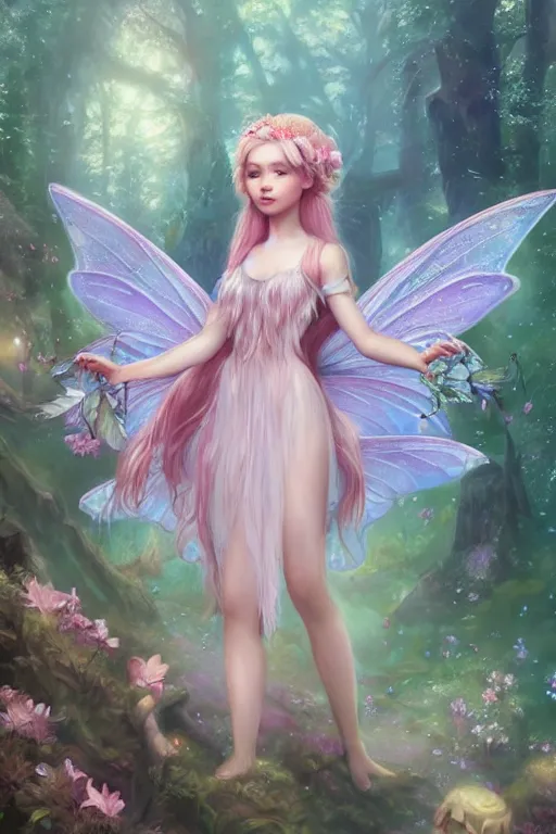 Image similar to a cute and geogerous fairy in the dreamy forest, fantasy, dreamlike, 8 k resolution, hyper detailed, d & d, character design, digital painting, trending on artstation, sharp focus, illustration, art by viktoria gavrilenko, hoang lap, fuji choko, steve zheng,