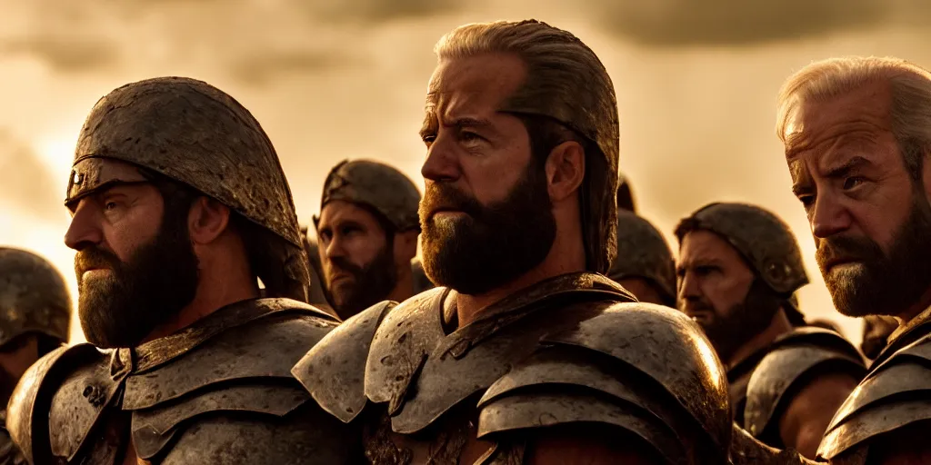 Image similar to epic cinematic film still of joe biden as leonidas in the movie 3 0 0, golden hour lighting, moody sky, 8 k