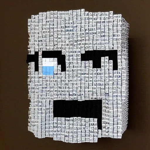 Image similar to steve from minecraft made with pieces of newspaper