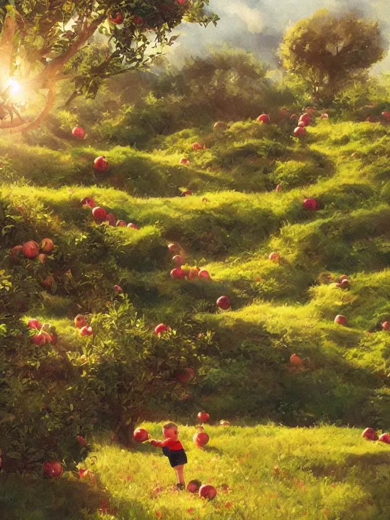 Image similar to picking apples by disney concept artists, blunt borders, rule of thirds, golden ratio, godly light, beautiful!!!