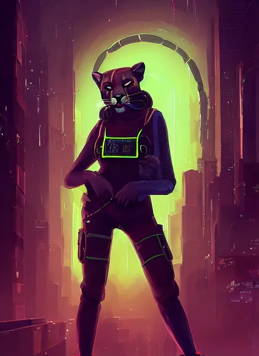 Prompt: beautiful portrait commission of a female furry anthro mountain lion wearing a bullet proof vest and cargo pants. Cyberpunk city at night in the rain. Neon light. Atmospheric. Character design by charlie bowater, ross tran, artgerm, and makoto shinkai, detailed, inked, western comic book art