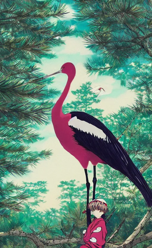 Prompt: girl next to a japanese crane bird in japanese pines, trading card front, kimono, realistic anatomy, concept art, professional, by studio ghibli, miyakazi, stunning, sun in the background